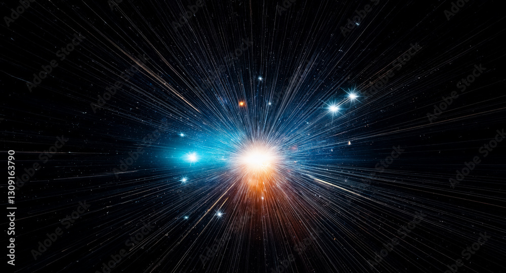 Poster a dazzling display of light energy bursts forth from a central point, illuminating the vast darkness