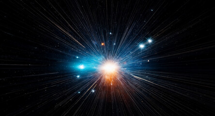 Naklejka premium A dazzling display of light energy bursts forth from a central point, illuminating the vast darkness with brilliant blue and orange hues, resembling a cosmic event.
