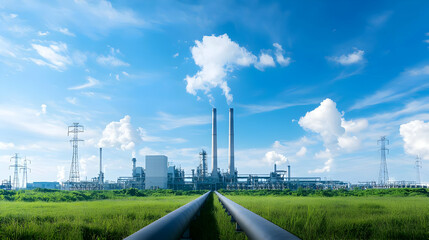 Industrial Complex with Smoking Chimneys and Blue Sky over Green Field