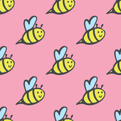 Seamless pattern with happy bees doodle for decorative print, wrapping paper, greeting cards, wallpaper and fabric