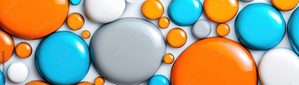 Poster white background with orange, blue, and gray bubbles and drops of oil on it abstract texture minimal