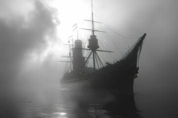 Mysterious sailing ship shrouded in fog, dark water.