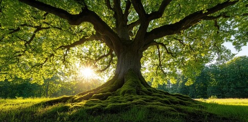 Naklejka premium A majestic tree with sprawling branches and lush green leaves stands in a sunlit field, showcasing nature's beauty and tranquility.