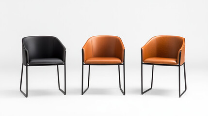 Obraz premium Three minimalist metal frame chairs with leather seats in black and brown