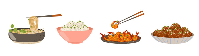Asian food set. Chinese traditional cuisine with various dishes. Vector hand drawn flat illustration. Noodles, rice balls, meatballs, shrimps on a plate with chopsticks isolated on white