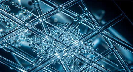 Quantum glass symphony: microscopic networks of transparent structures revealing the intricate dance of molecular connectivity, where science meets ethereal beauty.