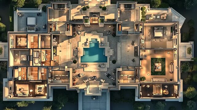 Luxurious Mansion Aerial View: Opulent Interior Design with Central Pool