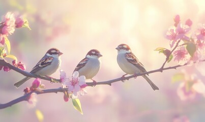 natural beautiful background with three small funny birds sparrows sitting on a branch blooming with pink buds in a may spring garden