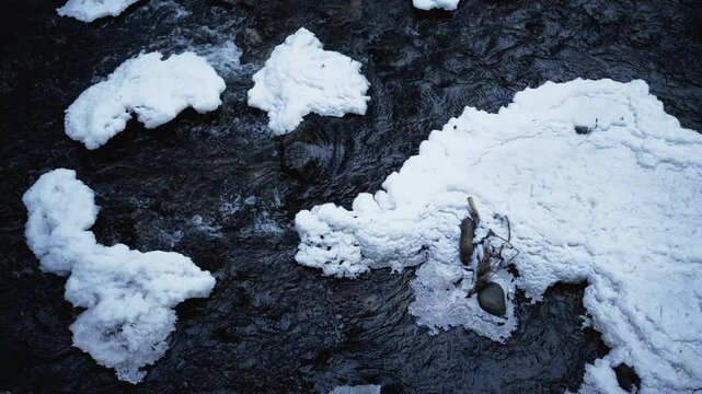 A fast-moving river flows through a winter landscape, with patches of snow resting on the water.