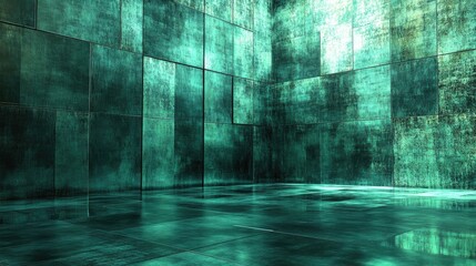 Fototapeta premium A futuristic green industrial wall with overlapping steel layers and deep grooves.