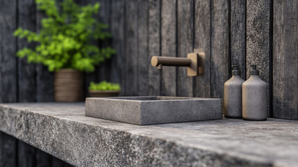 Concrete vanity top with brushed metal faucet in modern bathroom design