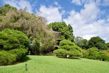 View of the three-story pagoda and Japanese garden
