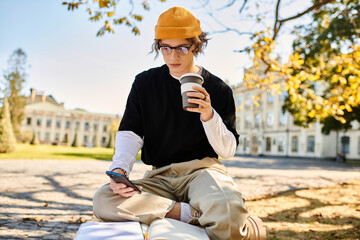 Young stylish man enjoying a coffee while sitting outdoors on a sunny day in the city park