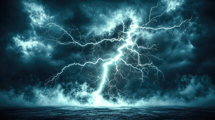 Intense lightning storm over ocean at night with dramatic dark sky