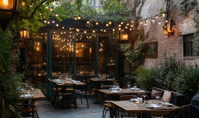 Cozy outdoor dining area with string lights and wooden table.