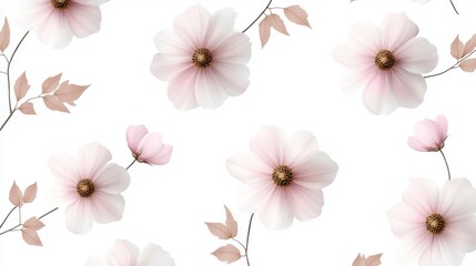 Elegant floral pattern with soft pink flowers and delicate leaves on a white background, perfect for decor inspiration.