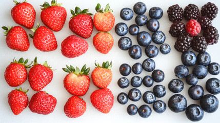 Fresh strawberries blueberries blackberries and raspberry on white background