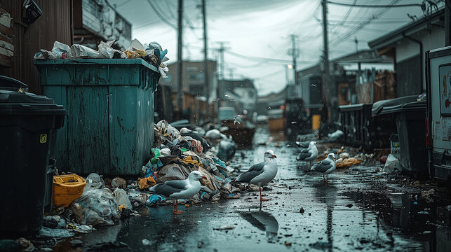 Overgrown Urban Alleyway with overflowing trash bins and seagulls searching for food amidst piles of garbage depicting environmental neglect and urban decay