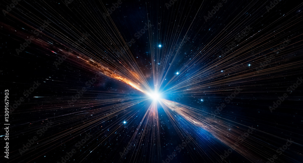 Poster explosion of bright light in dark space. cosmic rays of energy radiate outwards, illuminating the va