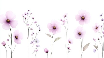 Elegant pastel floral illustration showcasing delicate pink flowers with green leaves on a white background.