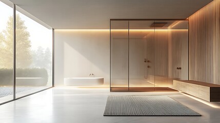 Modern bathroom with shower, bathtub, large window and outside landscape view