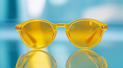 A pair of yellow sunglasses. Fashion sunglasses in yellow frames. Isolated transparent lenses on a background. A set lifestyle of yellow shades.