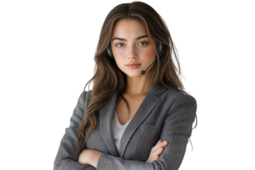 Young female customer service representative in headset with confident expression