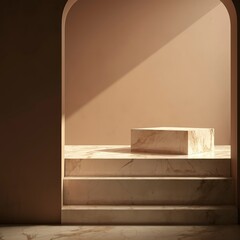 Minimalist Marble Steps and Platform Display with Warm Lighting