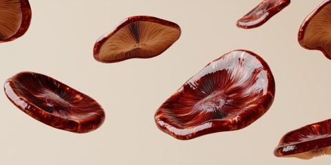 Floating reishi mushrooms with a glossy red-brown finish on a light beige background