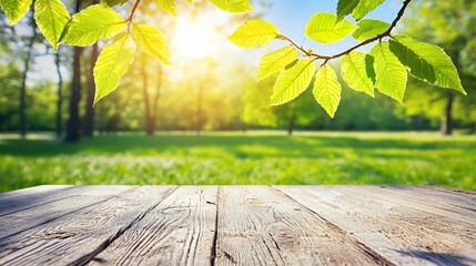 Sunny Spring Park with Green Leaves and Wooden Table
