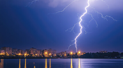 Dramatic lightning strike over cityscape reflected in calm night waters