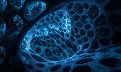 Abstract black honeycomb textures illuminated by glowing blue highlights forming a bold futuristic design .