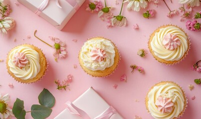 Minimalist Mother's Day Flat Lay with Cupcakes, Gifts, and Floral Accents for Celebratory Vibes