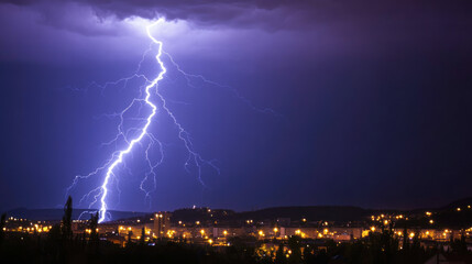 Majestic lightning strike illuminating cityscape at night