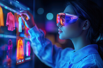 Woman wearing futuristic glasses interacting with digital fashion display in neon light
