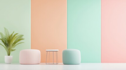 Pastel toned interior featuring vibrant poufs, minimalist side table, decorative greenery complementing soft wall palette