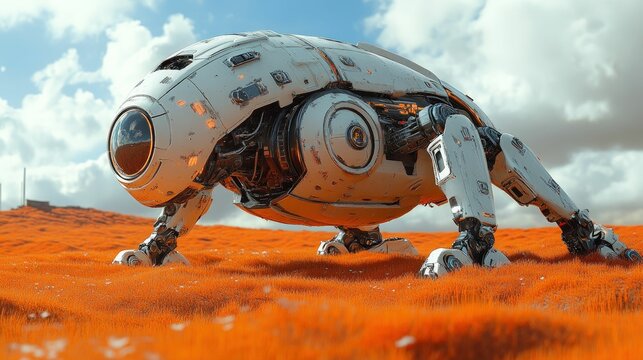 Futuristic robot explores orange landscape