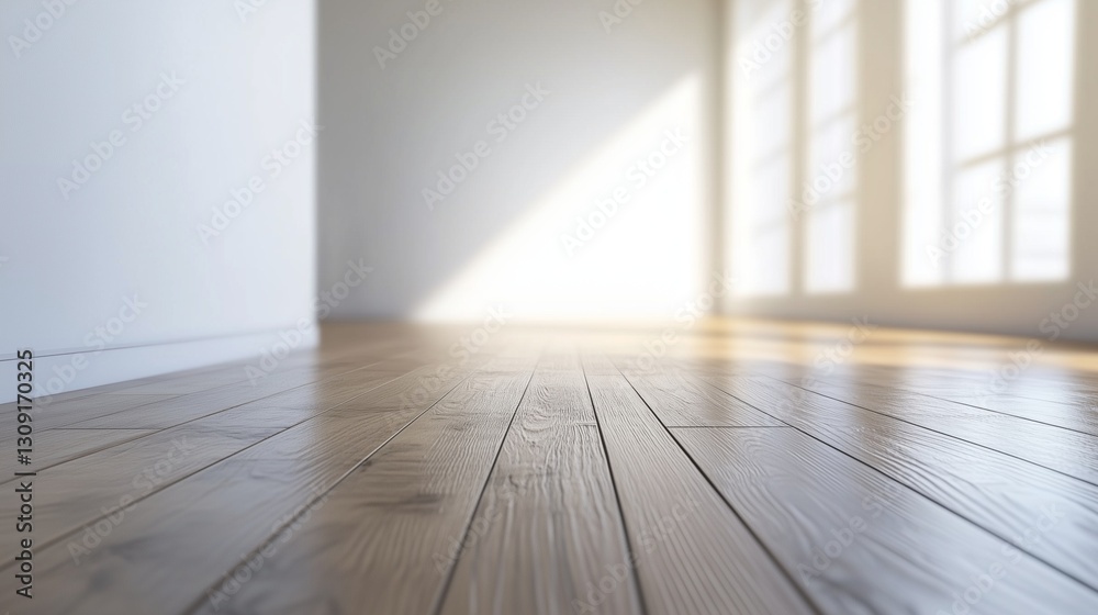 Fototapete Empty room with sunlight coming in from 3d render. Empty wooden room with a wooden floor. A large white wall with a large floor. Vacant space illuminated by sunlight in lifestyle a 3d rendering.