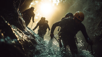 Obraz premium Adventure tourism Silhouetted canyoneers navigate a rugged canyon showcasing teamwork and challenging terrain Ideal for adventure travel extreme sports and outdoor recreation marketing