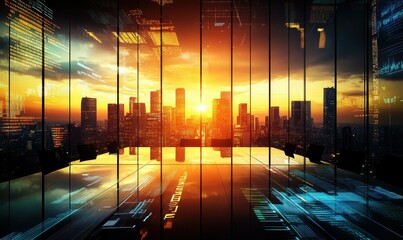 Modern conference room with advanced technology display showing quarterly results and data analysis in a sleek urban setting during sunset