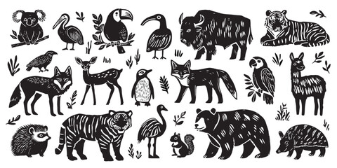 Hand drawn black and white animal silhouettes collection featuring wildlife species including fox, tiger, bear, deer, wolf, koala, bison, penguin, parrot, and more in rustic folk art style