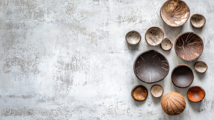Artistic display of rustic coconut shell bowls on textured concrete surface