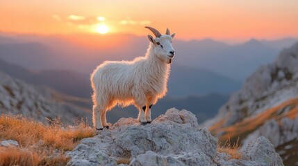 Fototapeta premium Majestic mountain goat sunset silhouette