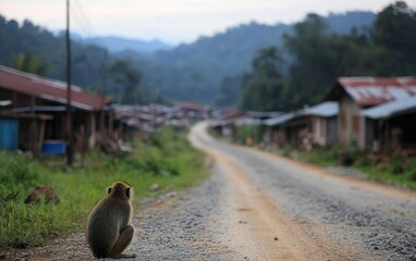 A solitary monkey sits by a dirt road in a rural village, surrounded by mountains and houses