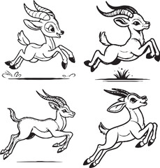 Dynamic Cartoon Antelope Silhouettes - Black and White Illustrations