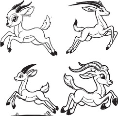 Dynamic Cartoon Antelope Silhouettes - Black and White Illustrations