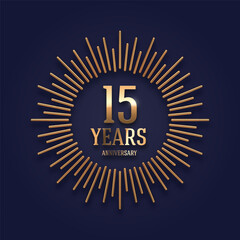15 years Anniversary golden logo with realistic 3d gold metal sunburst rays. Vector illustration.