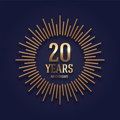 20 years Anniversary golden logo with realistic 3d gold metal sunburst rays. Vector illustration.