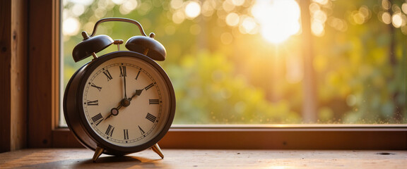Vintage sunlit clock on wooden table by window, timeless serenity
