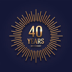 40 years Anniversary golden logo with realistic 3d gold metal sunburst rays. Vector illustration.